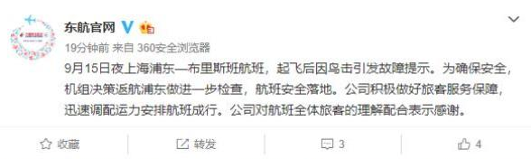 昨晚东航一航班起飞后因鸟击引发故障，已返航浦东进一步检查(图1)